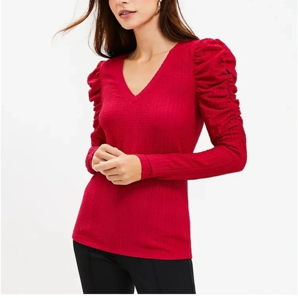Loft Shirred Puff Sleeve textured Top raspberry pink women’s XS